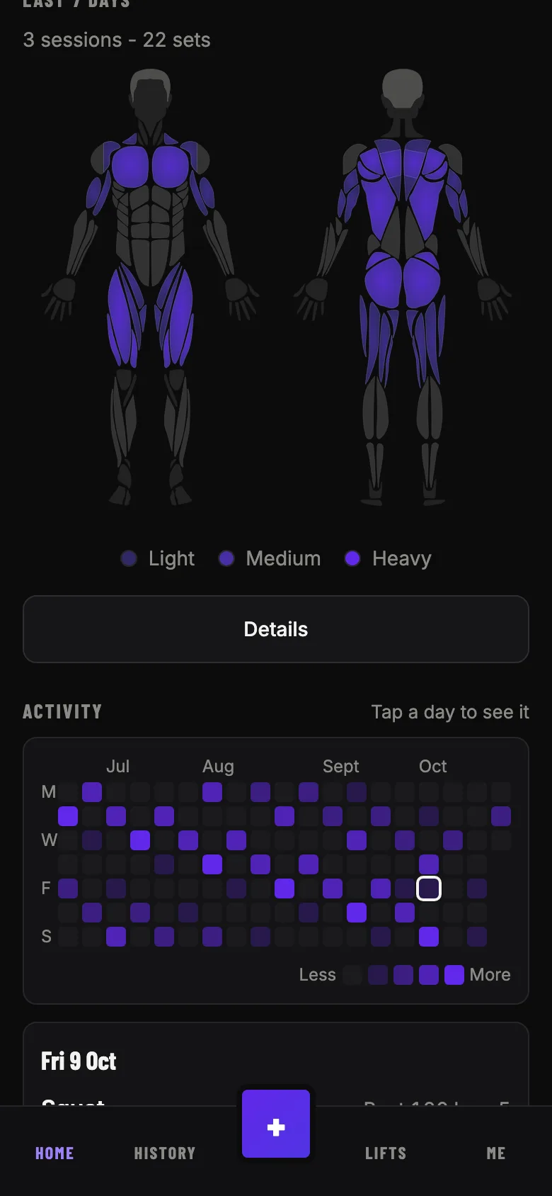 The home screen with a calendar of the last 12 months, one square per day shaded by the number of sets, and the details of one training day opened under it.