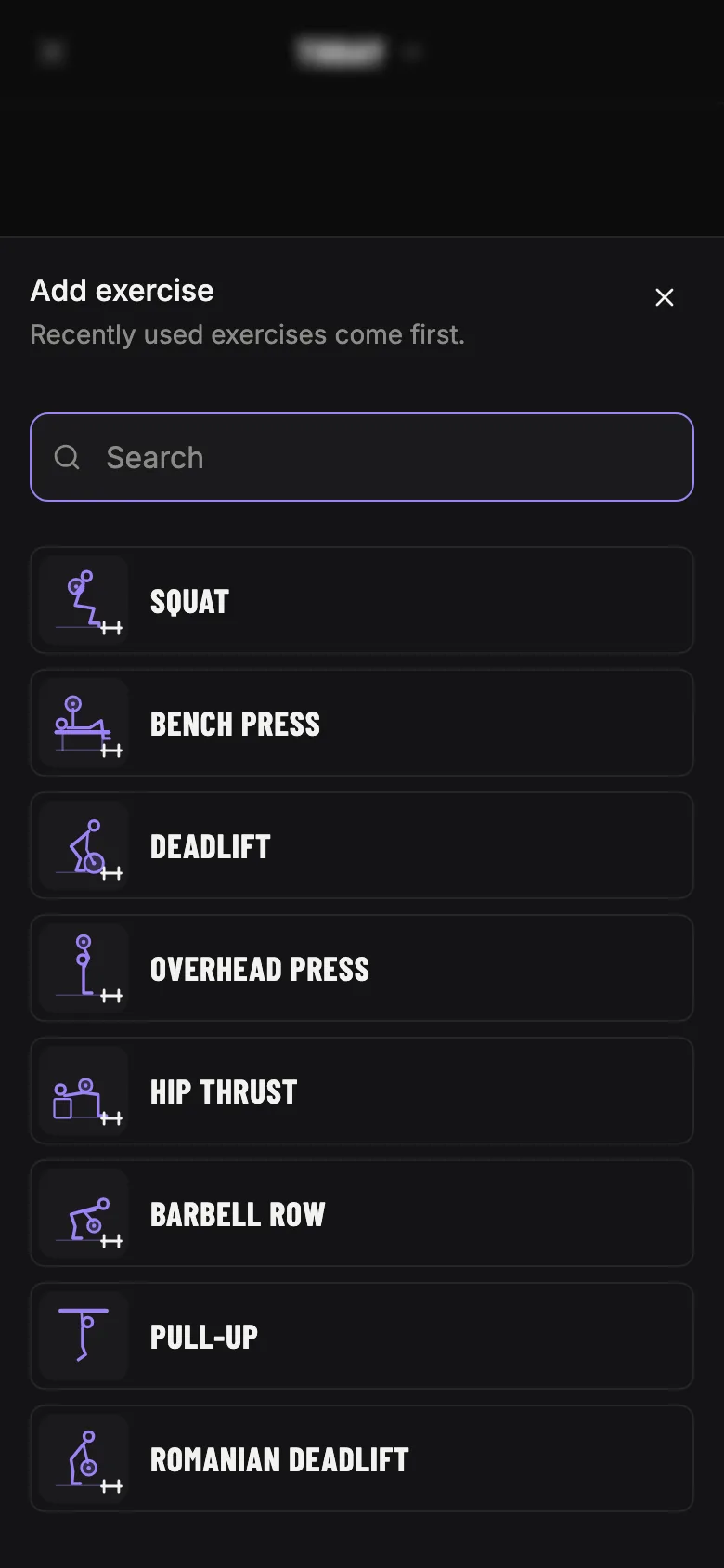 The exercise picker with a small drawing next to each name: Squat, Bench Press, Deadlift and Overhead Press.