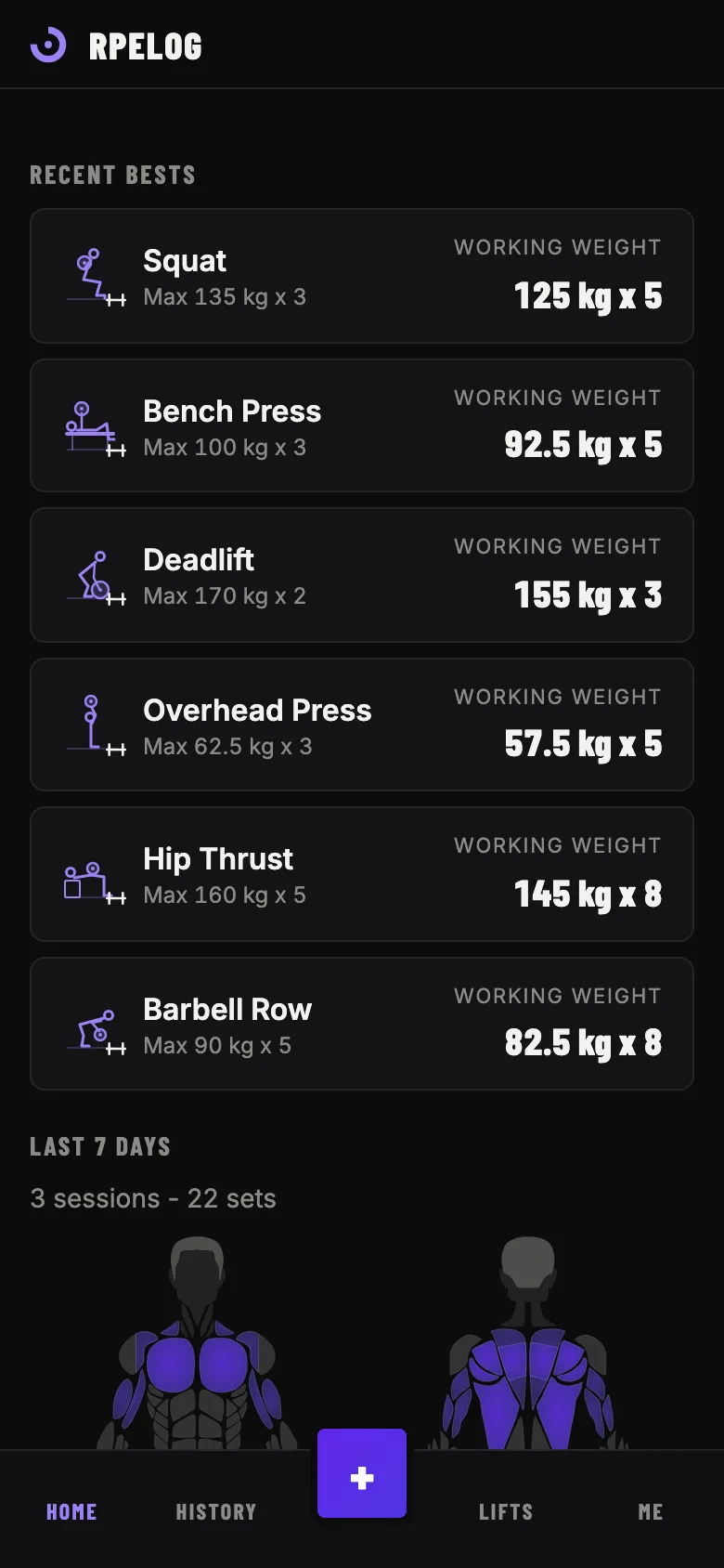 The home screen of the app on a phone: the working weight of each lift, with Squat, Bench Press and Deadlift at the top.