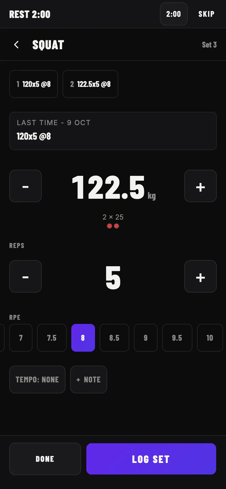 Logging a squat set on a phone: the sets already logged and the last session on top, big steppers for weight and reps with the plates to load, RPE chips and small tempo and note buttons.