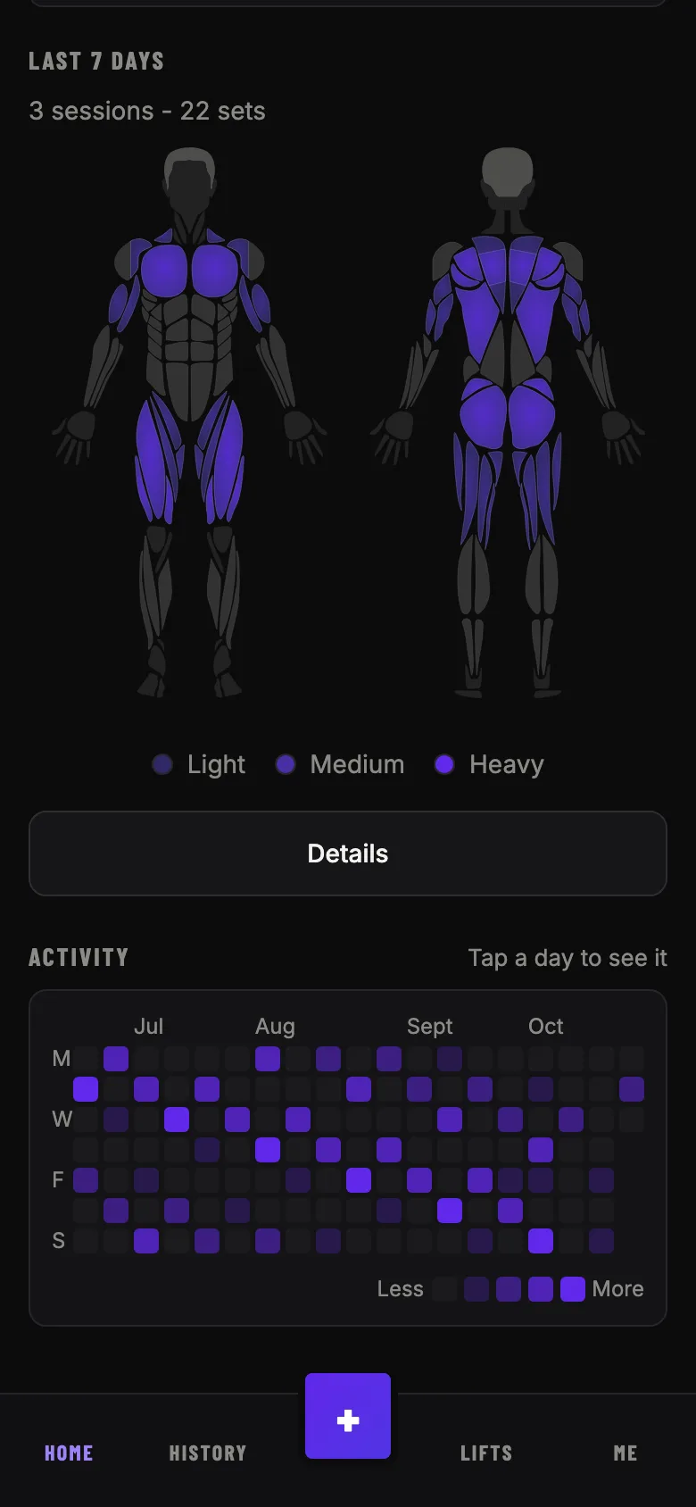 The home screen with a body map, front and back, showing the muscles worked in the last 7 days, shaded light, medium or heavy, and a Details button.