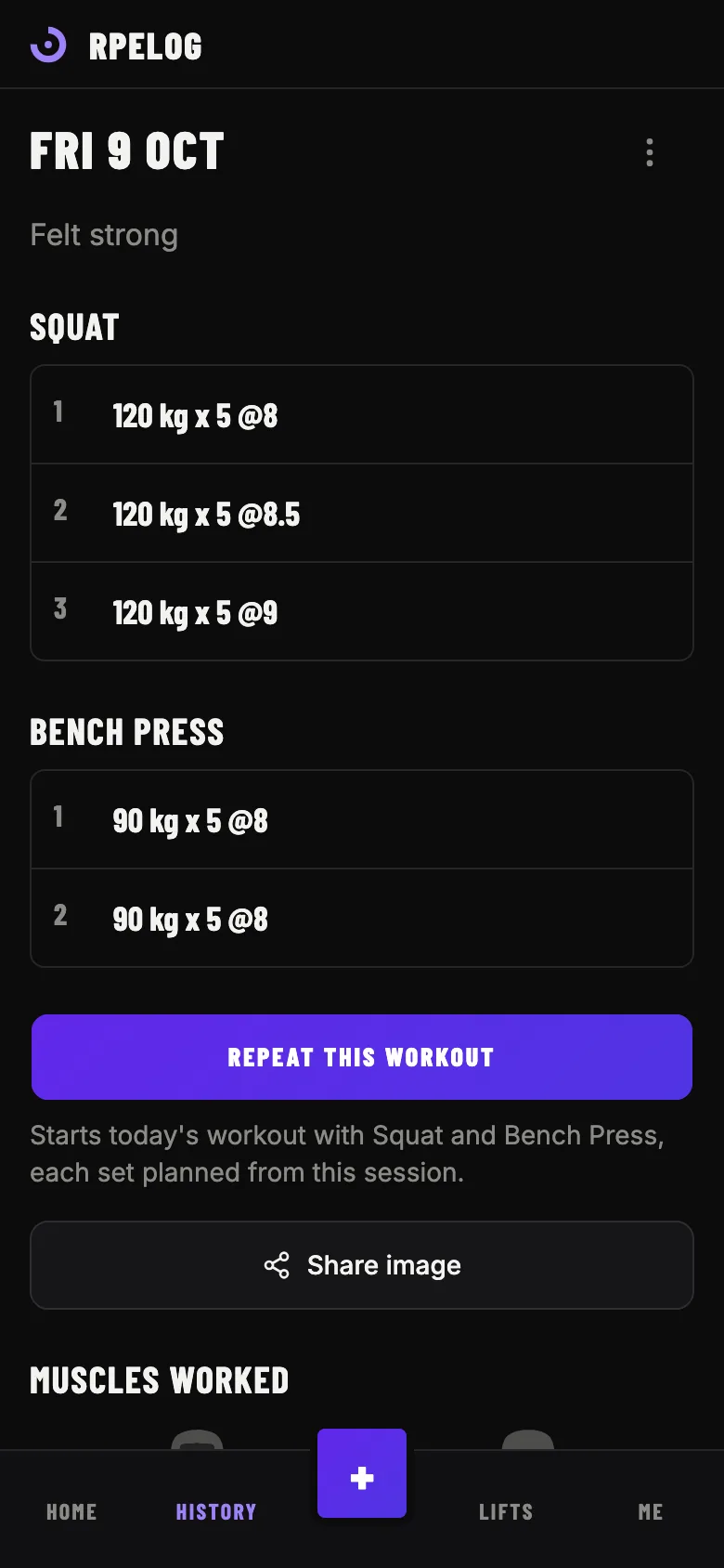A past session with its sets grouped by exercise and the note written after the workout.