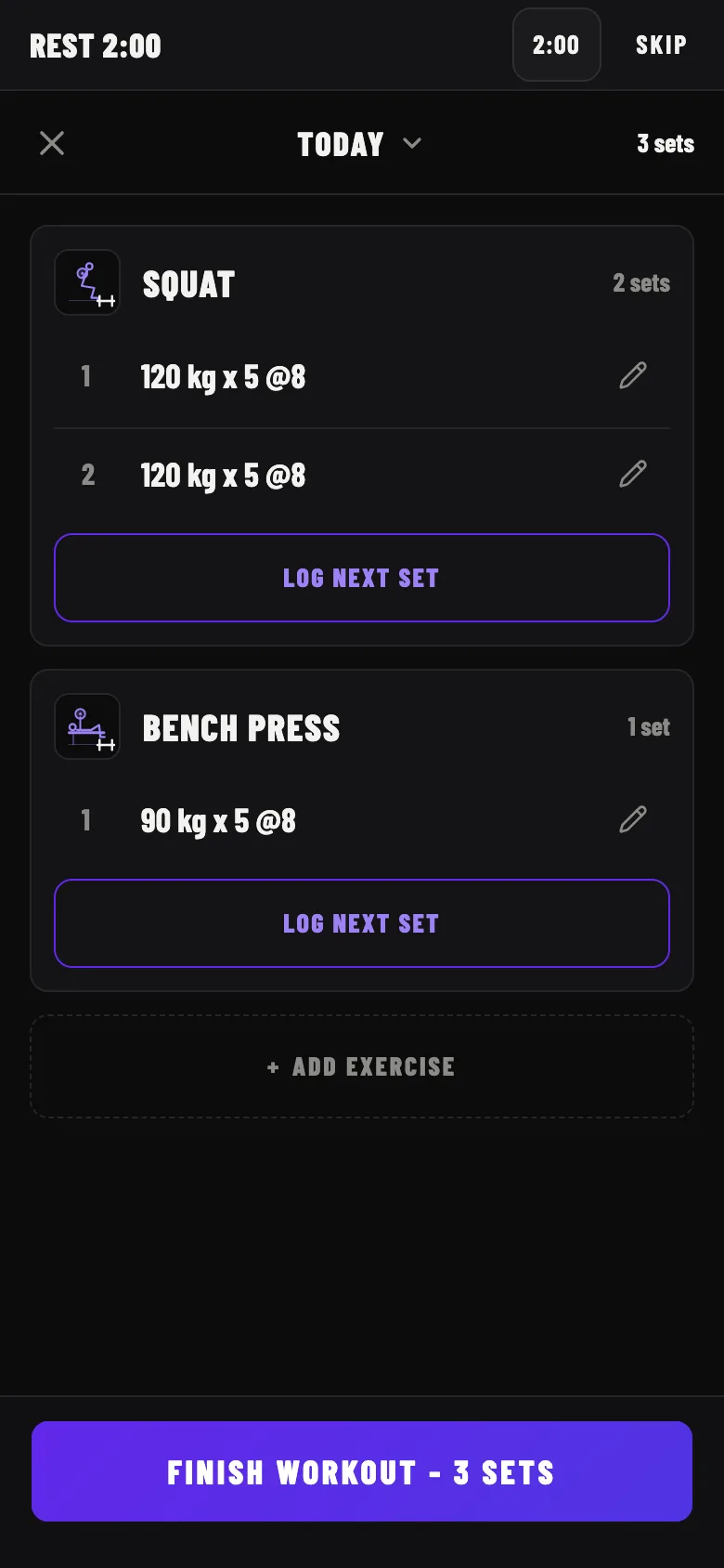 The workout overview on a phone: a card for Squat with two sets and a card for Bench Press with one set, a dashed Add exercise button and a Finish workout button.